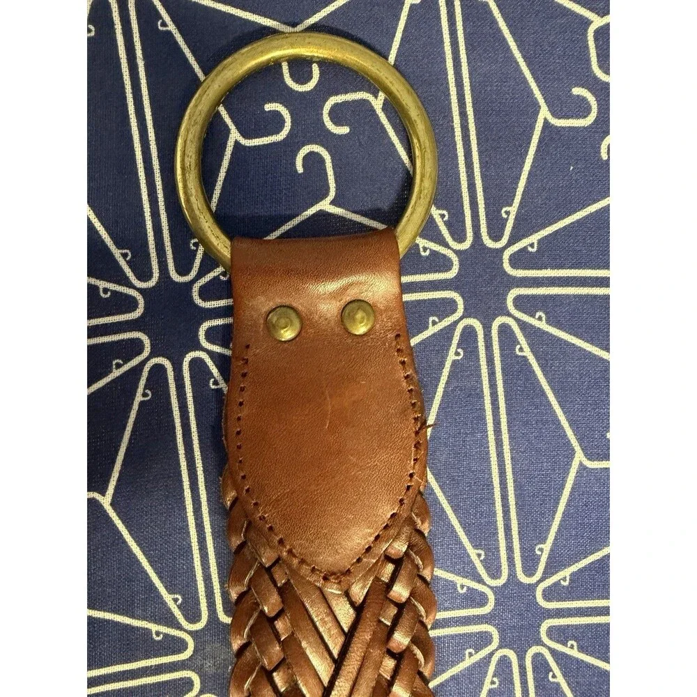 Fossil Brown Braided Leather Belt Brass Ring Buckle Size L Genuine Leather